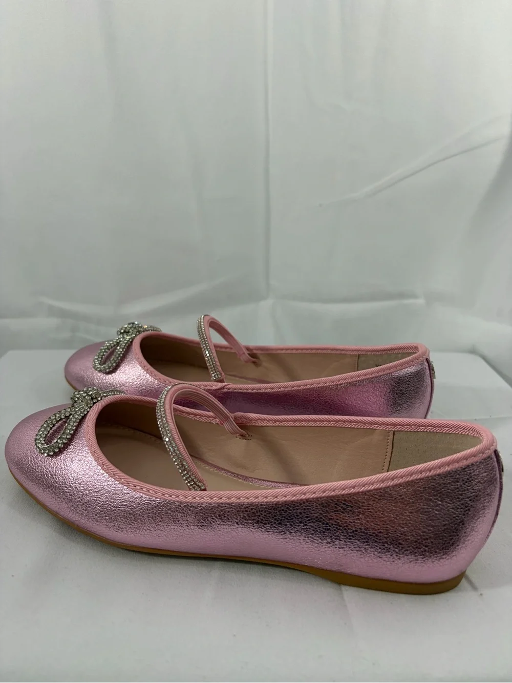 NWT Nicole Miller Youth Size 3 Metallic Pink Ballet Flats with Rhinestone Bow